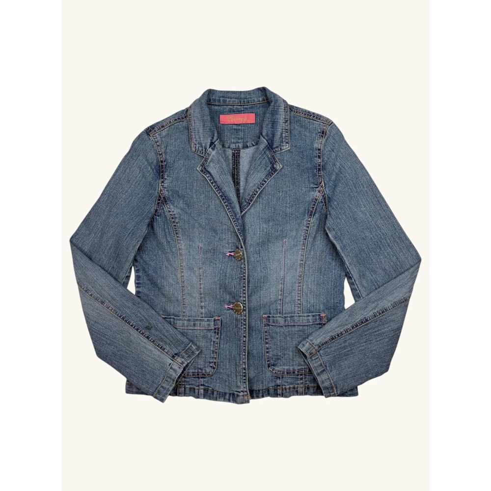 Bongo Denim Blazer Jacket Medium Wash Pink Contrast Stitching Two Button Front